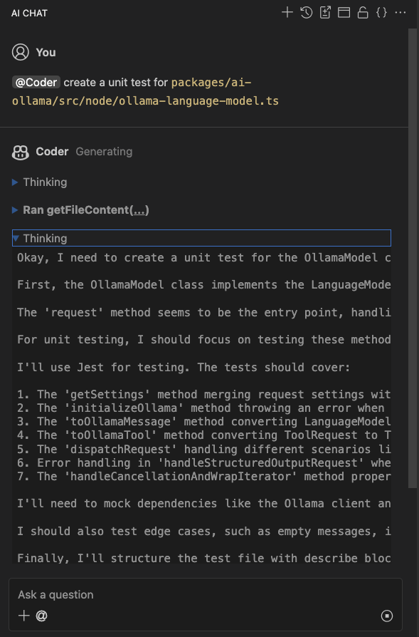 Screenshot of the Theia AI Chat window demonstrating the new features