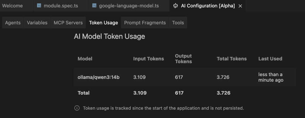 Screenshot of the token usage statistics demonstrating that Ollama also reports token usage now.